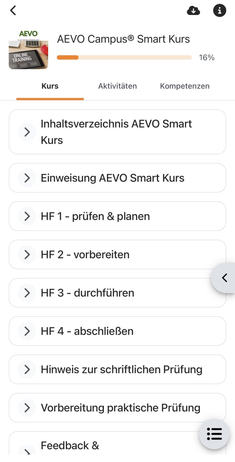 AEVO Campus Lernplattform mobil mit Fortschrittsbalken