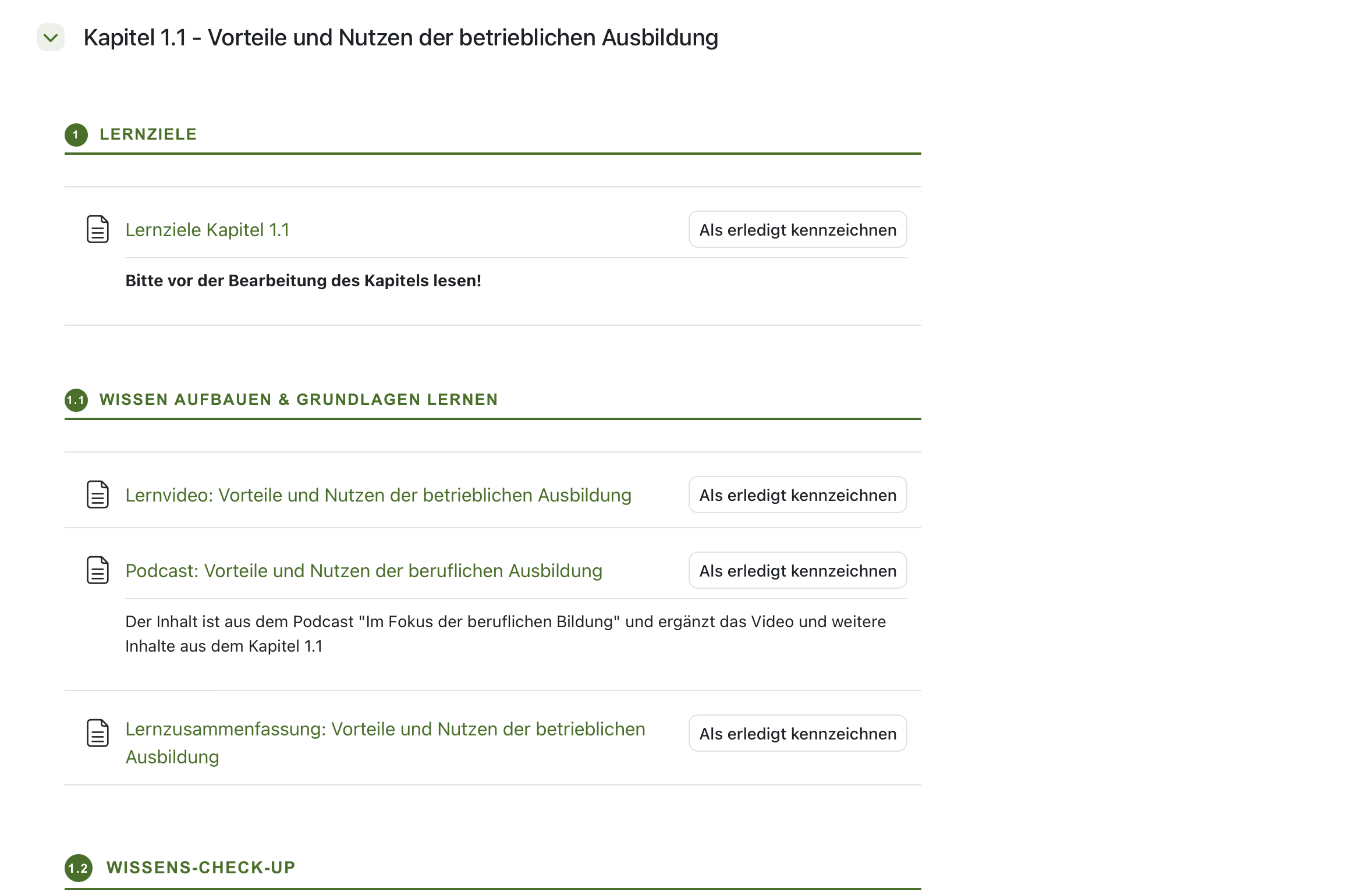 Lernplattform: Kapitel 1.1 mit Lernzielen und Lernmaterialien zur betrieblichen Ausbildung