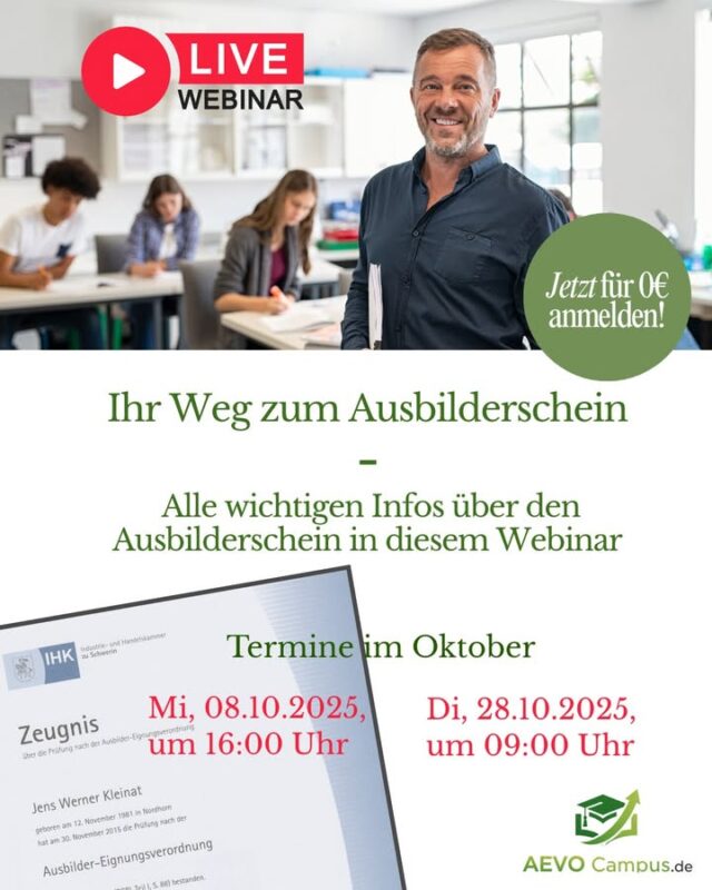 Du willst Ausbilder*in werden? Dann sichere dir jetzt deinen Platz beim kostenlosen Info-Webinar!
Erfahre alles über den Ablauf, die Inhalte und die optimale Vorbereitung auf deine AEVO-Prüfung.

📅 Termine im Oktober:
📆 Dienstag, 28.10.2025 | 09:00 Uhr

🎟 Jetzt kostenlos anmelden: https://lmy.de/PMGgB

🎧 Podcast: „Im Fokus der beruflichen Bildung“

#AEVO #Infoabend #AusbilderWerden #Karriere #ADA #BeruflicheBildung