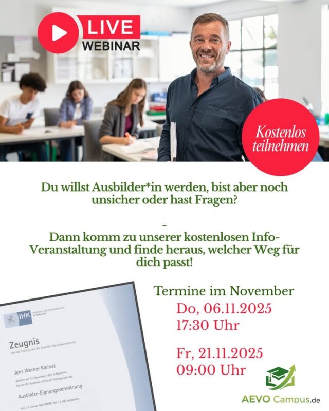 Unsicher, ob der Weg als Ausbilder*in das Richtige für dich ist? 🤔
Dann komm am 22.11. zu meiner kostenlosen Infoveranstaltung!

Ich zeig dir, was dich in der AEVO-Prüfung erwartet, wie du dich optimal vorbereitest – und welcher Weg wirklich zu dir passt.

👉 Jetzt kostenlos anmelden: https://lmy.de/uvEhr

#ausbilderwerden #aevo #infoveranstaltung #ausbildung #ausbilderprüfung #ihkprüfung #beruflicheweiterbildung #aevocampus